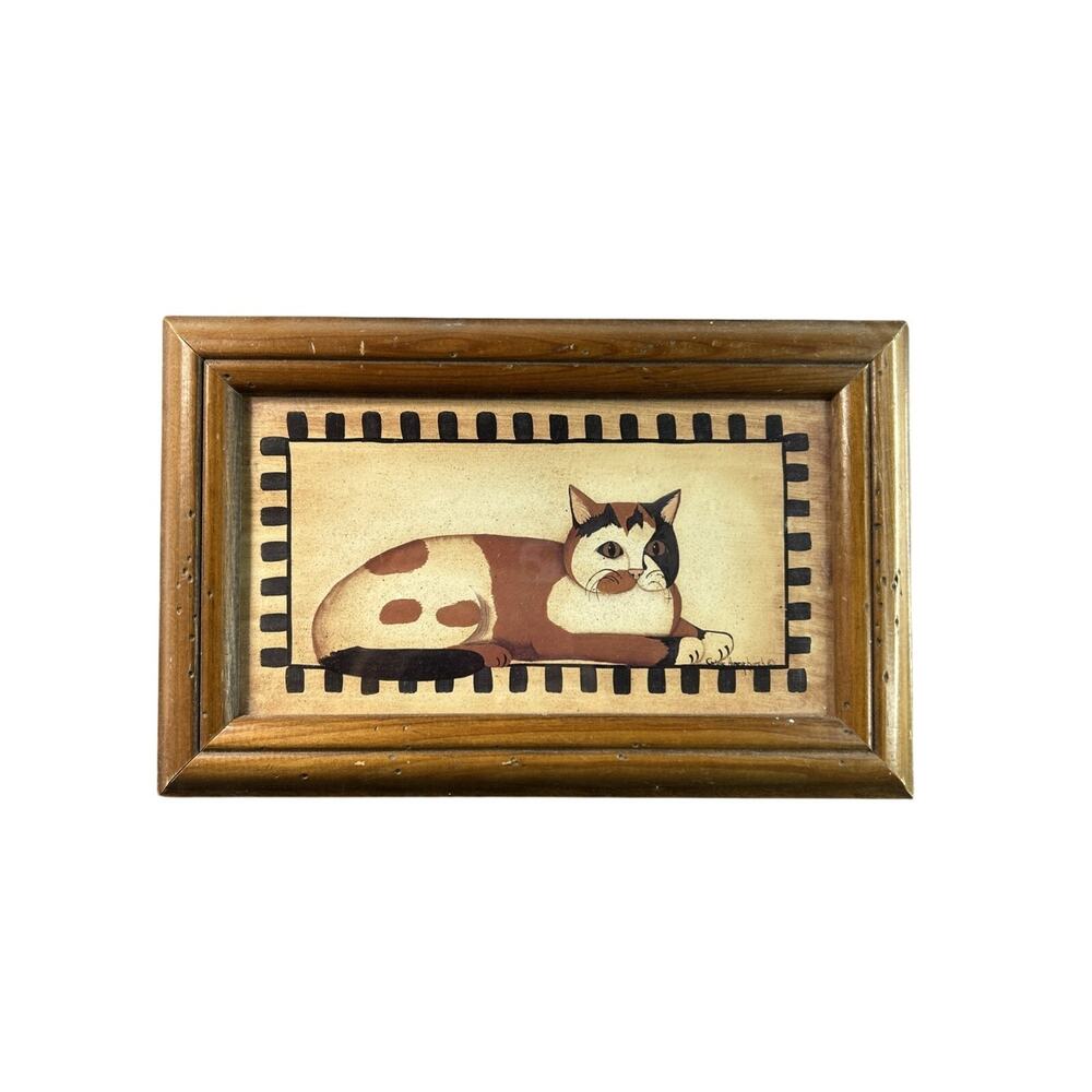 CARLENE HONEYCHURCH Vintage Framed Country Cat Folk Art Print Pecky Frame